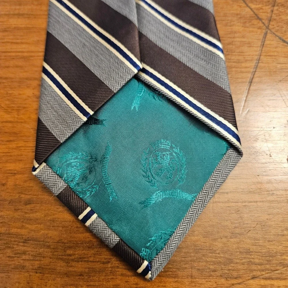 NWT Tommy‎ Hilfiger Striped 100% Silk Tie Gray Brown Blue White Beige